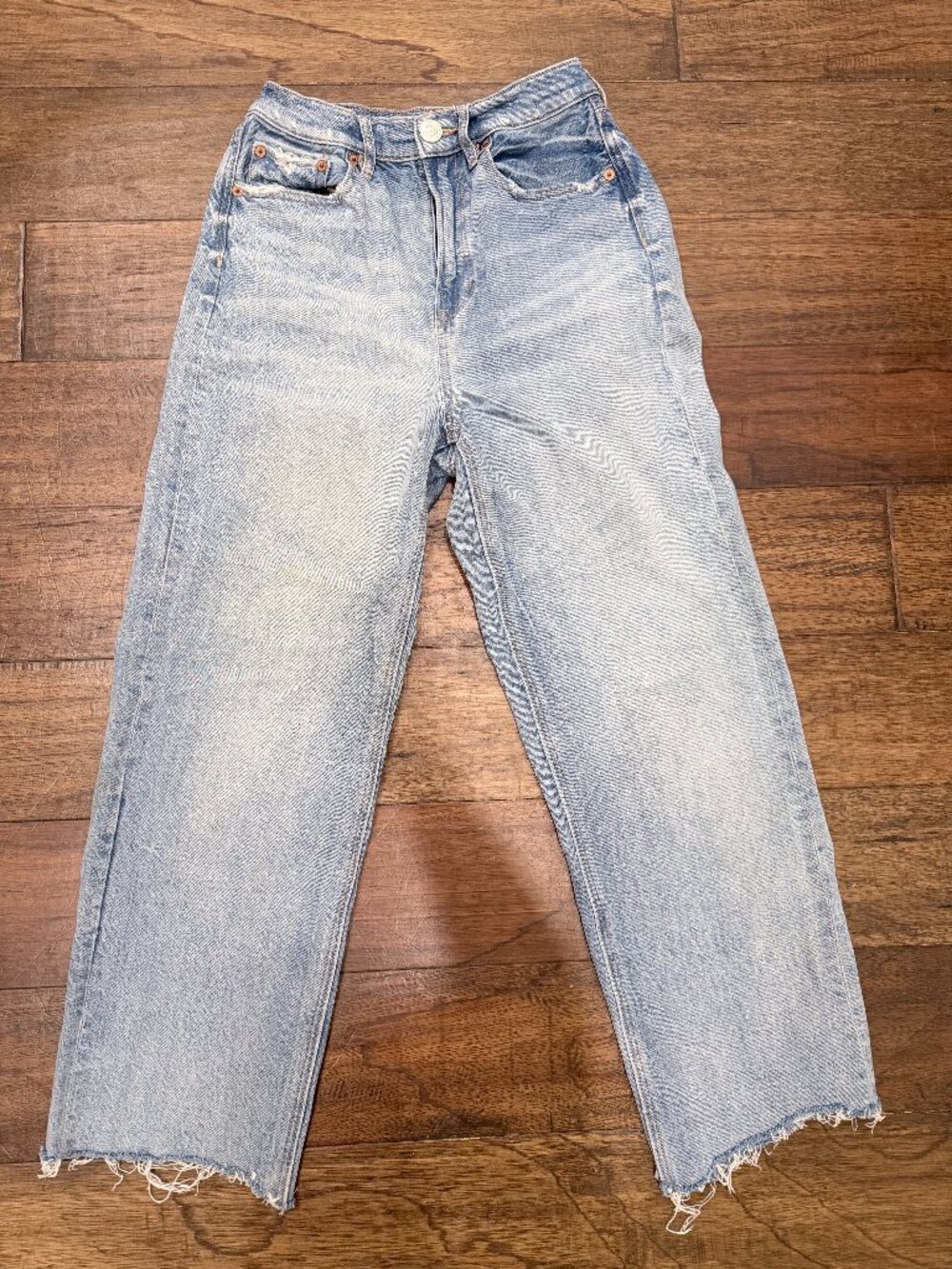 American Eagle Baggy Jeans 0 Light Wash Distressed Raw Hem Y2K 100% Cotton